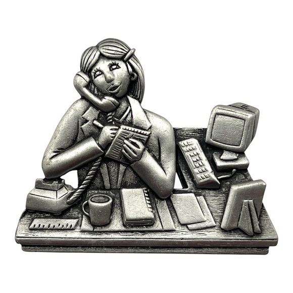 JJ Jewelry - JJ Office Secretary Desk Brooch Pewter Vintage Telephone Computer Pin Figurine